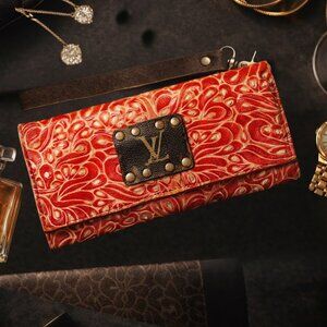 Upcycled Wallet w/ Authentic Louis Vuitton LV Patch Red Tooled Leather